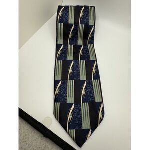 Solitaire Silk Tie Made in Italy Wide Vintage 90s Geometric Navy Teal‎ Gold